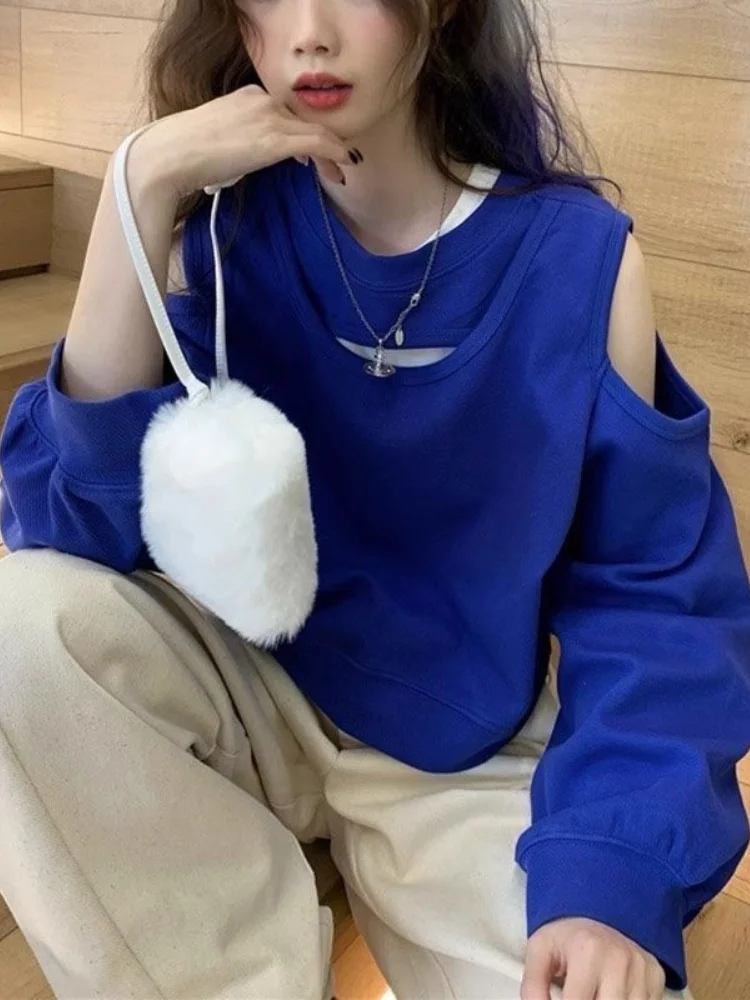 Deeptown Off Shoulder Round Neck Loose Solid Color Hollow Sweatshirts All-match Top Women Korean Style Pullover Autumn 2024