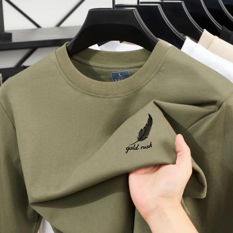 Summer solid color men's simple and luxurious feather embroidery round neck long sleeved T-shirt top comfort breath daily commut