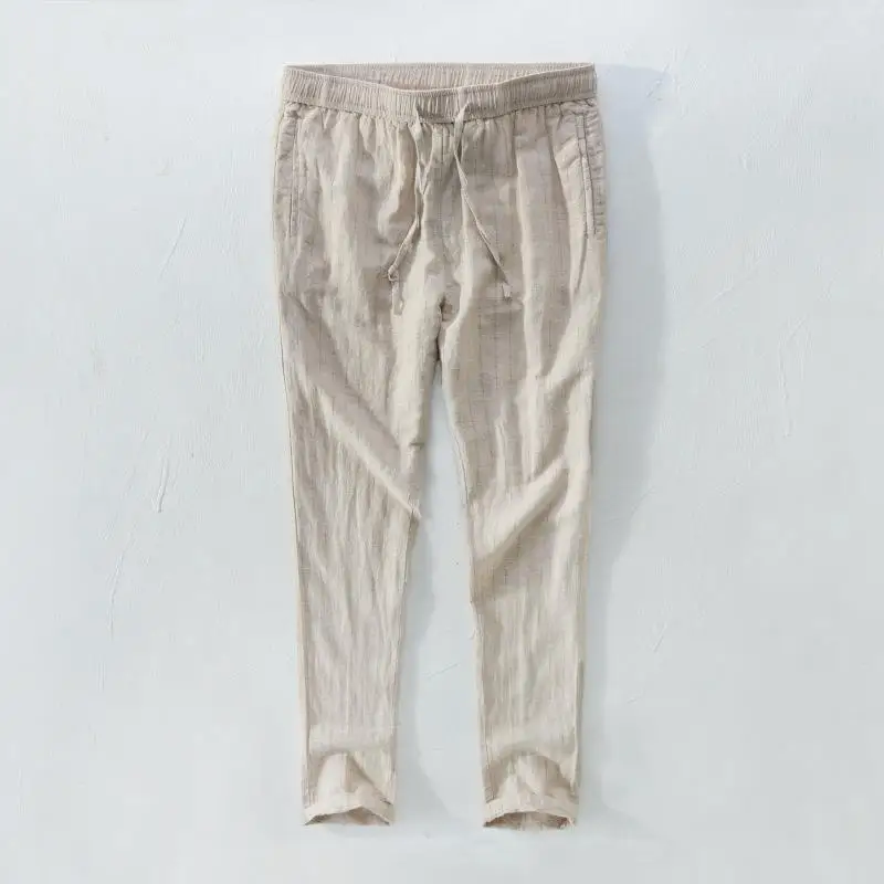 

Japanese Retro Striped Pants Man Breathable Summer Pants Men Pure Linen Straight Pants Elastic Waist Drawstring Trousers Casual