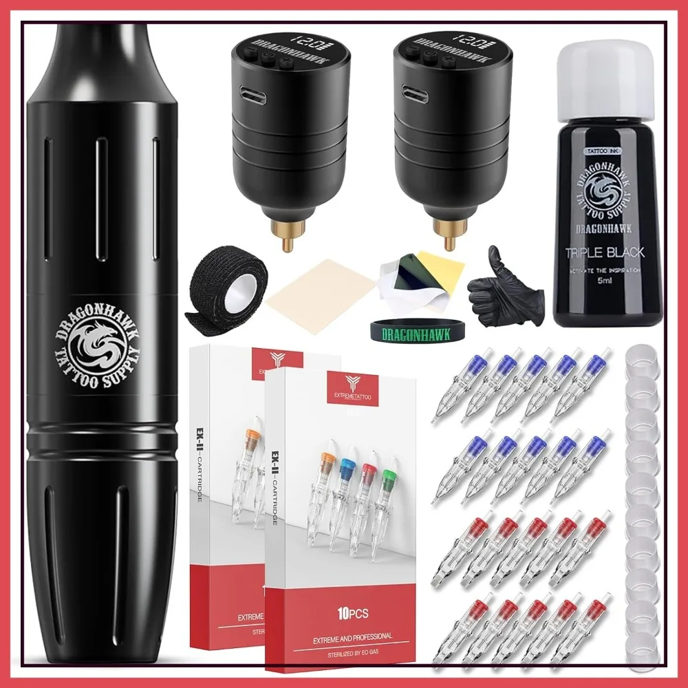 

Wireless Tattoo Gun Kit Rotary Pen with 2 Batteries 20Pcs Needles Practice Skin Complete Set for Long Sessions