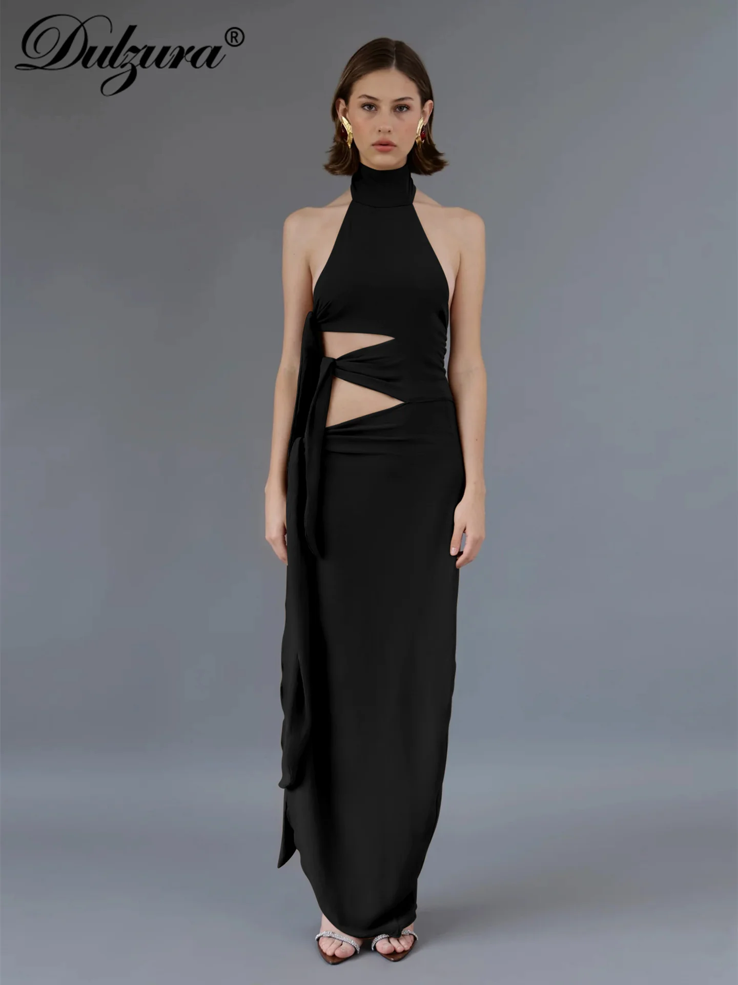 Dulzura الرسن بلا أكمام عارية الذراعين سليم الدانتيل يصل قطع الشريط غير النظامية فستان طويل الصلبة مثير فستان أنيق ملابس نادي الحفلات