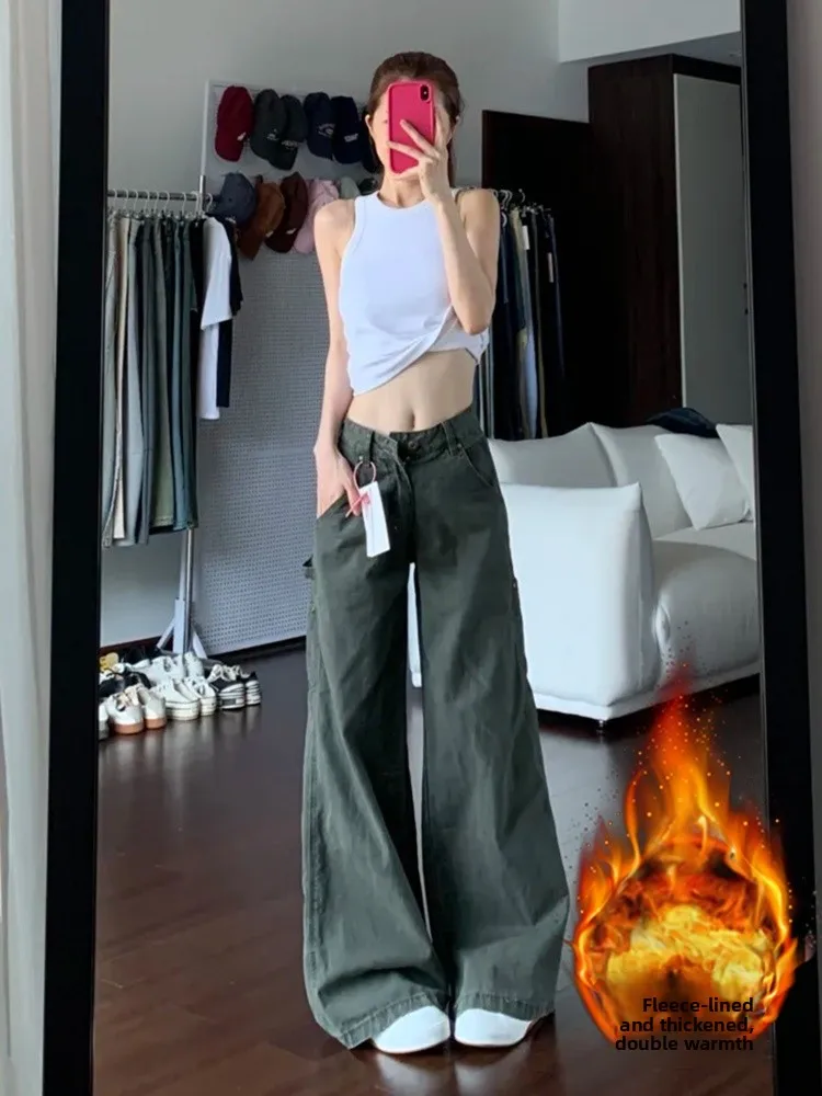 プラスサイズ ハイウエスト 裏起毛 アメリカン スレ デニムジーンズ レディース ルーズフィット ストレートレッグ ワークウェア トラウザーズ 秋ファッション