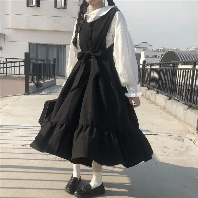 Letnie sukienki Maxi koszule dla kobiet Casual Kawaii wróżka ubrania z długim rękawem sukienka na ramiączkach Lolita Harajuku Cottagecore szata