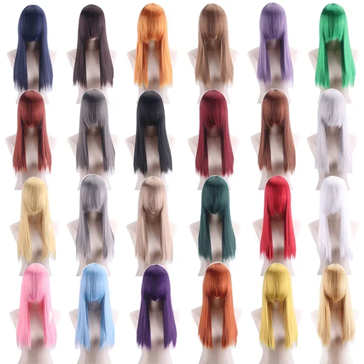 QQXCAIW 60cm Long Straight Cosplay Wig Blond Pink Brown Blue Green Orange Black Gray Colors Heat Resistant Synthetic Hair Party