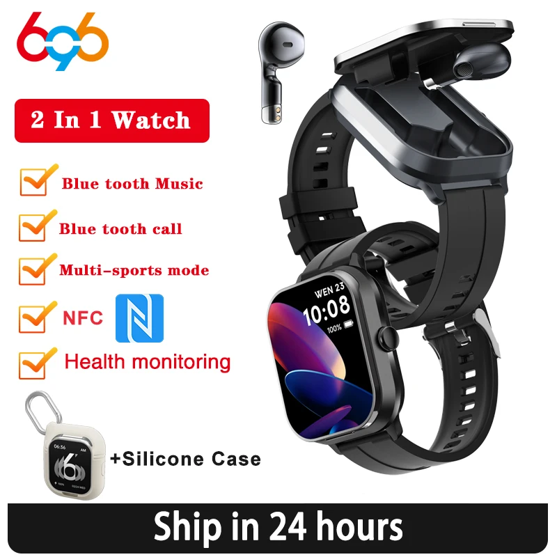 2 In 1 TWS Headset Blue Tooth Call Smart Watch Sport Fitness Waterpoof Heart Rate Music Playing Weather Headphone NFC Smartwatch