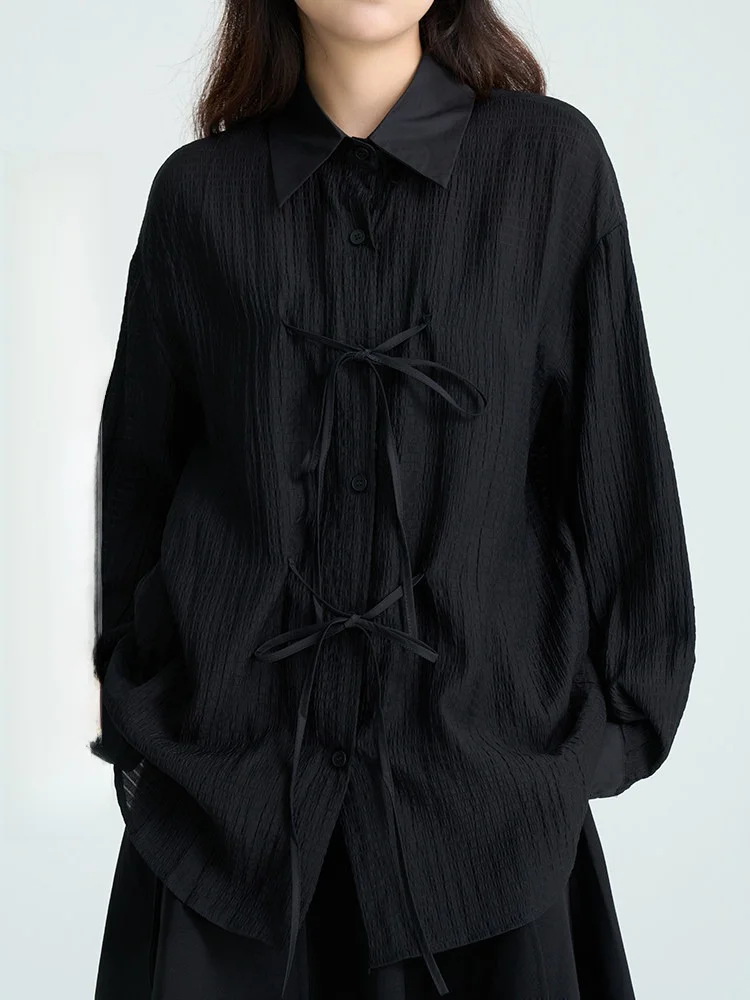 Dark Black Long Sleeve Shirt Women's Thin Fabric Bow Tie Shirt Loose Fit Polyester Material  Knot Outerwear Coat