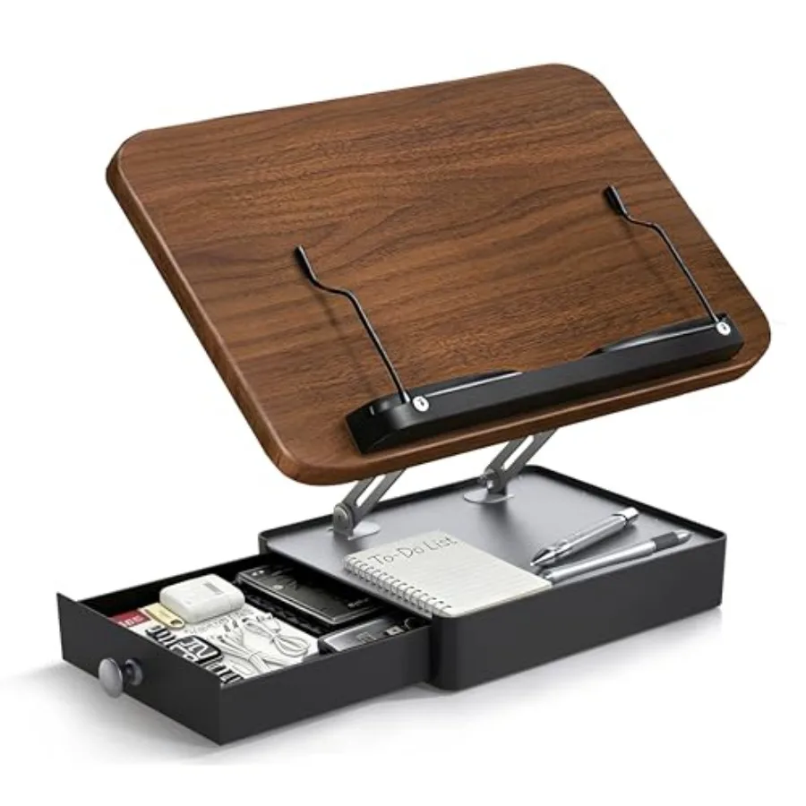 

Подставка для книг с выдвижным ящиком, регулируемая деревянная подставка для чтения на столе, эргономичная подставка для книг с регулировкой высоты и угла наклона для учебников и кулинарных книг