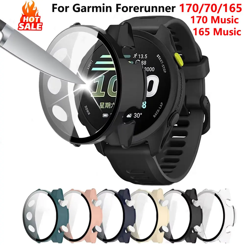 Glass+Case For Garmin Forerunner 170 165 All-Around Screen Protector Hard PC Bumper Cover For Garmin Forerunner 70 170 165 Music