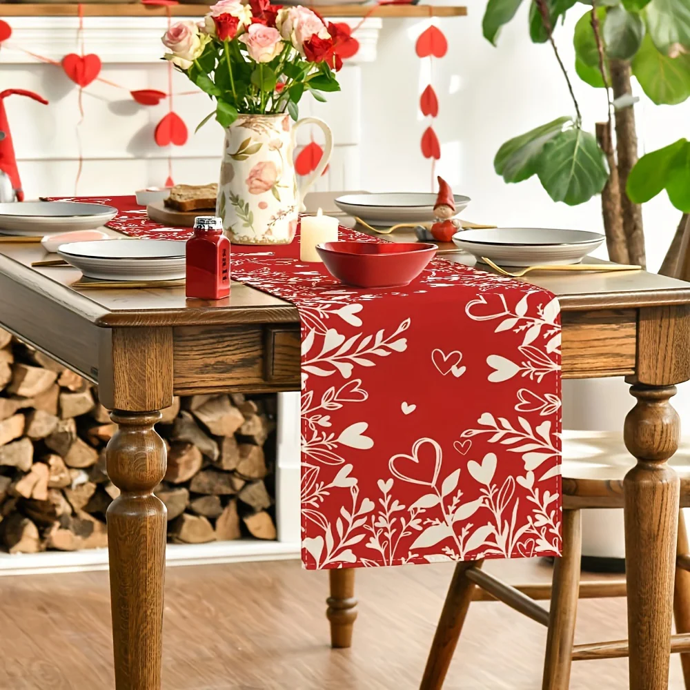 Valentinstag-Tischläufer, 100 % Leinen gewebte rechteckige Tischdekoration, mit roten Herzen und Liebesdesign, für Zuhause und Party