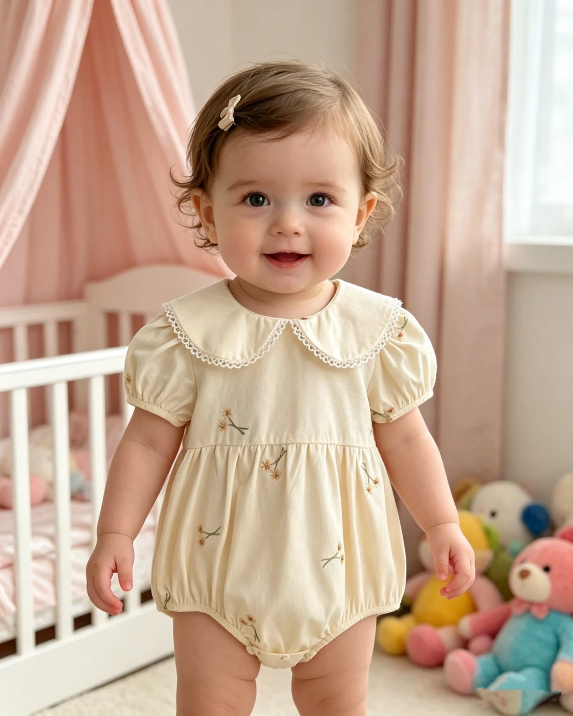 

Baby Girl Summer Romper New Lace Doll Collar Floral Embroidery Short Sleeve Cotton Breathable Baby Wrap-On Pants Outfit