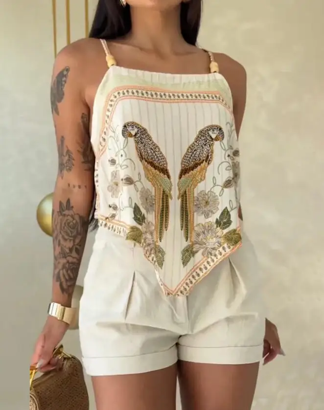 

Women's Top 2026 Fashionable Tropical Animal and Plant Printed Square Neck Top Sexy Bareback Strap Asymmetric Hemp Tank Top