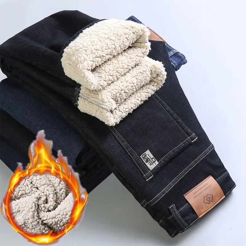 Winter Men Thicken Fleece Jeans Black Blue Straight Leg Slim Warm Casual Denim Pants Male Business Work Thermal Trousers New Men