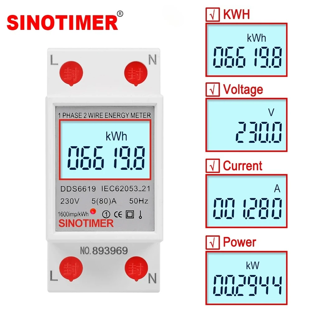 

AC 230V 220V 80A Power Energy Meter Single Phase Din Rail Voltage Current Meter kWH Power Consumption LCD Digital Wattmeter