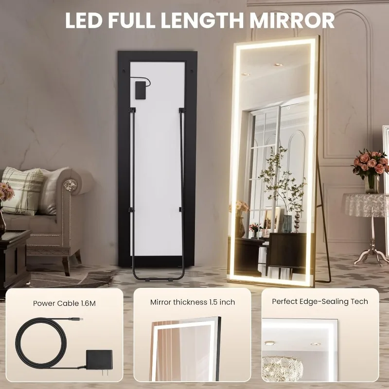 LED Full Length Espelho com luzes, Light Frame, iluminado Piso Espelho, Dimmable e 3 Modos de Cor, LED Full Body Dressing, 67X2 4 Polegada