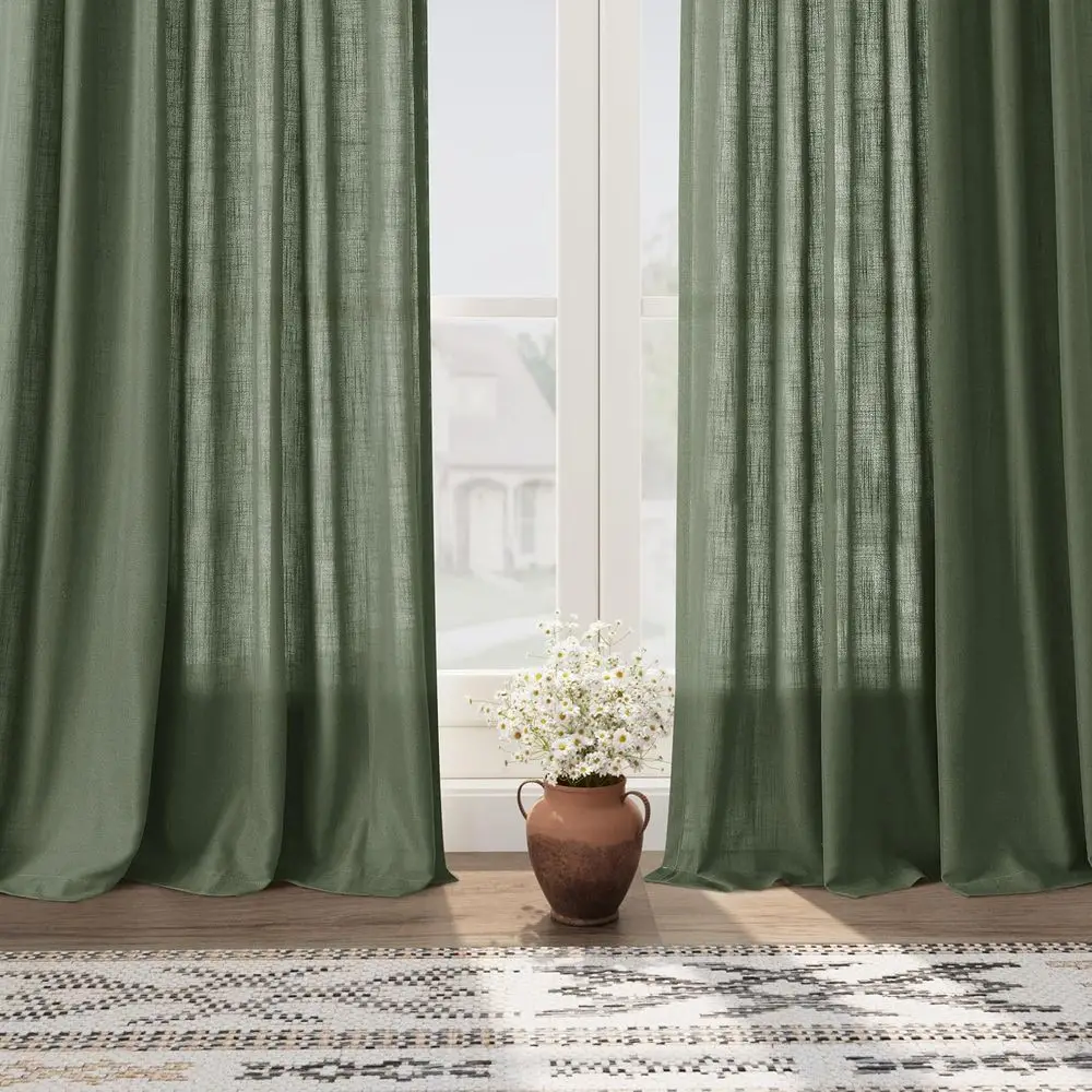 96 halbtransparente olivgrüne Leinenvorhänge, 2-teiliges Set, Rückenlehne, Lichtfilterung, moderner Stil für Zuhause