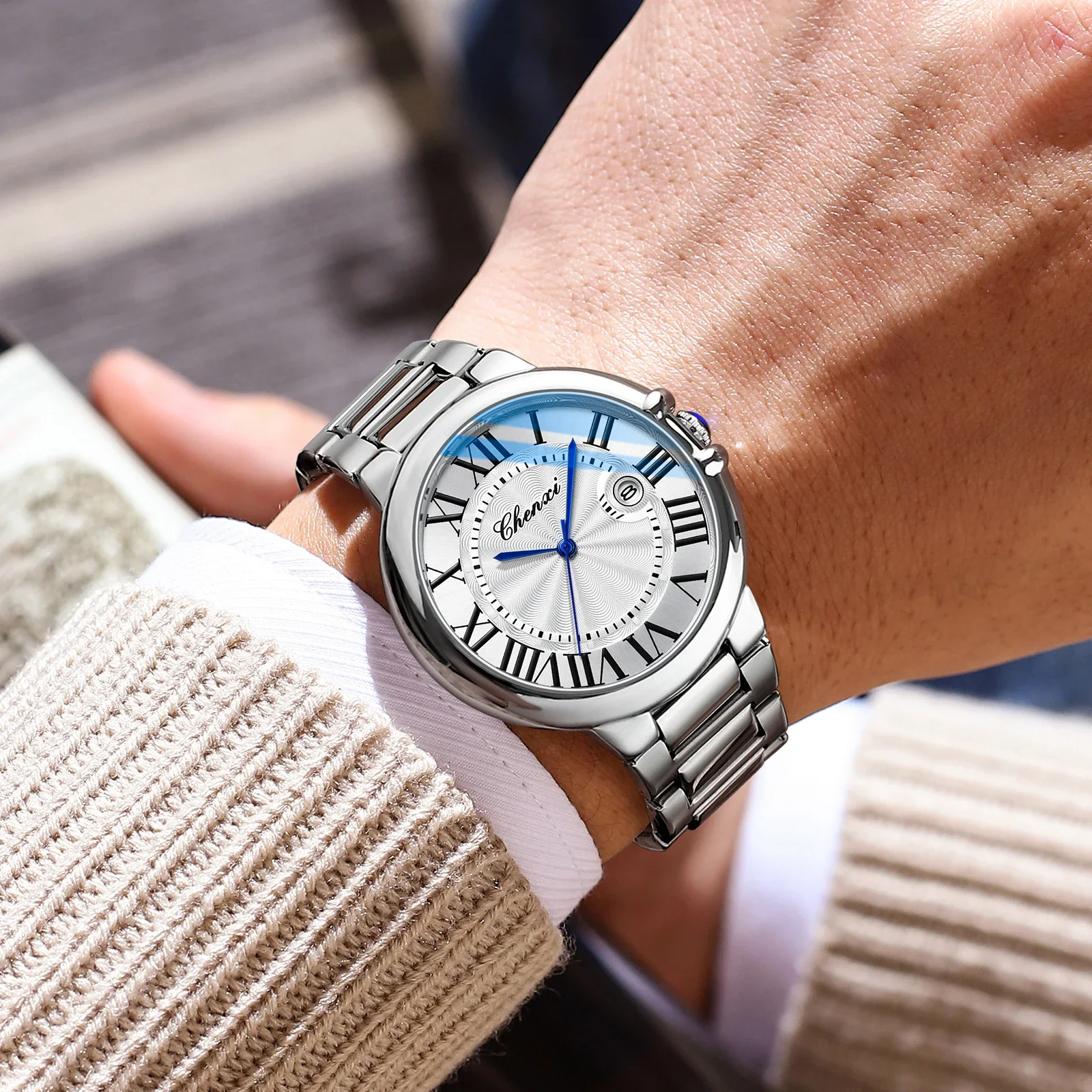 

Chenxi 0039, новые оригинальные серебряные водонепроницаемые светящиеся мужские часы с календарем, кварцевые часы с ремешком из нержавеющей стали, мужские наручные часы