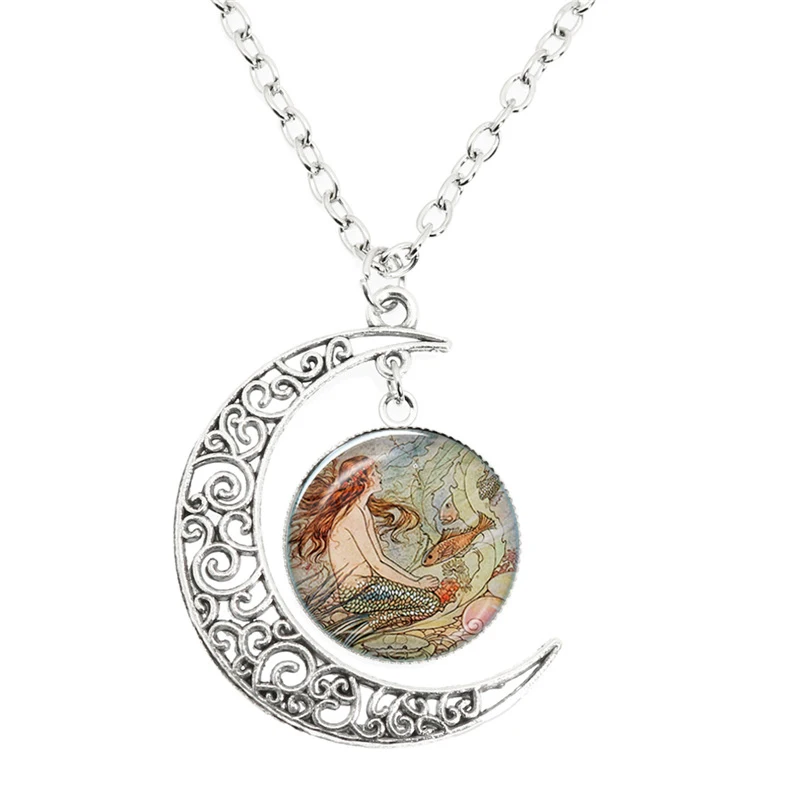 Beauty Mermaid Brake Hopeful Dome Glass Hanging Moon Necklace Diy Handcrafted Creative Jewelry