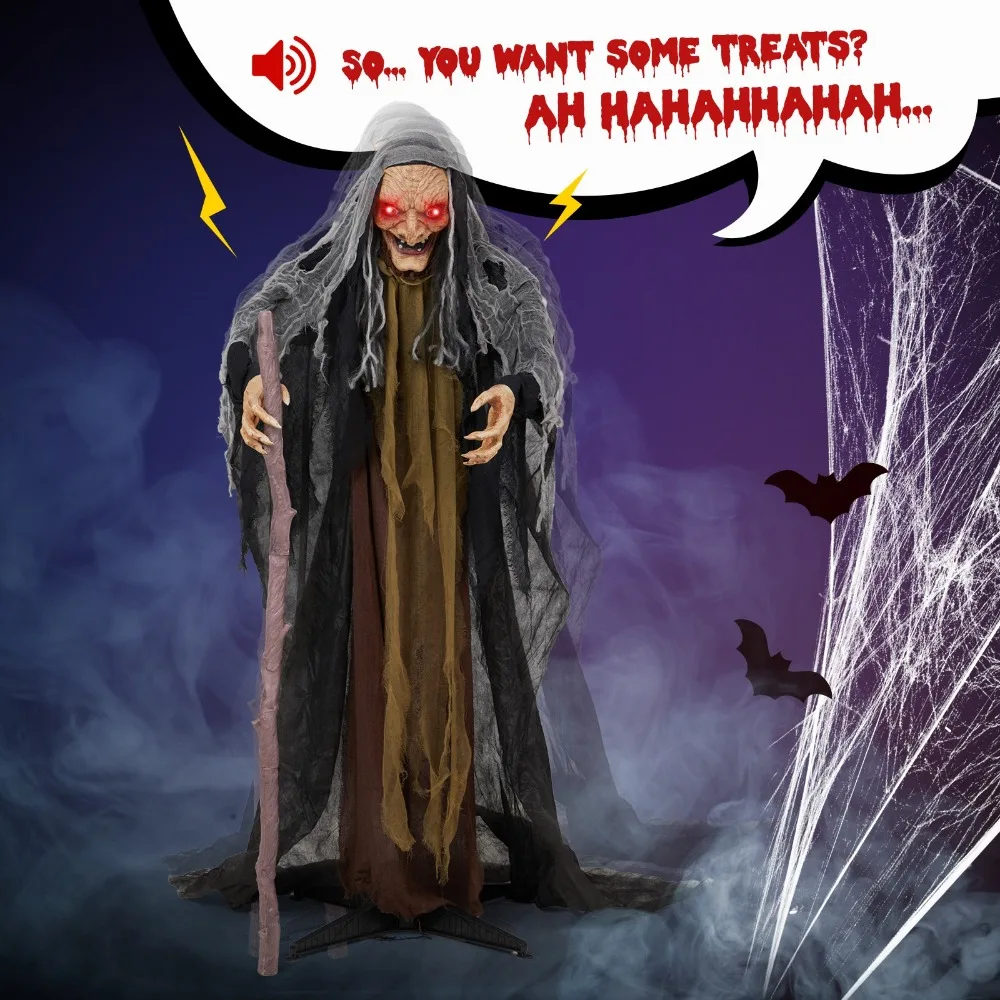 

5.3FT Halloween Decoration Animated Voice Witch with Cane, Haunted House Prop