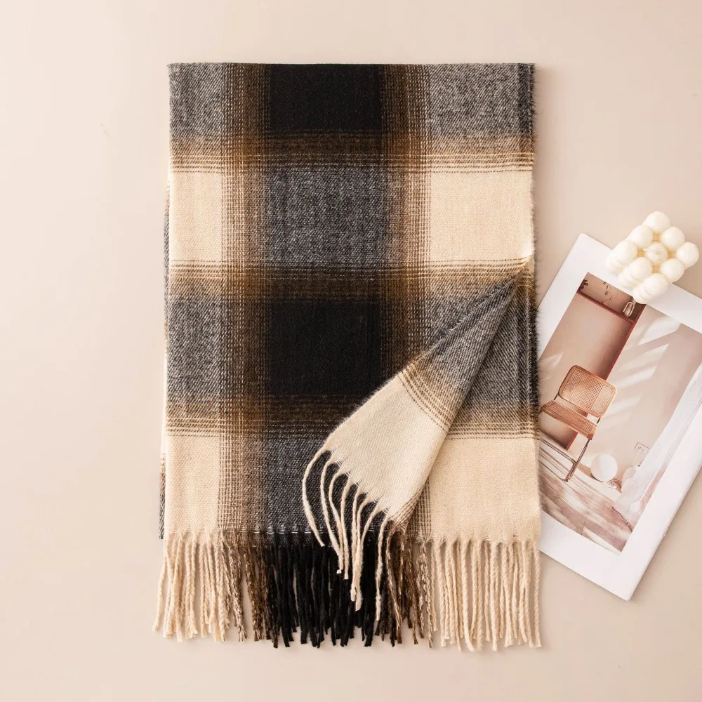 Durable Preppy Style Women's Winter Scarf Soft Long Preppy Plaid Scarf Cozy Tassel Fringe Checkered Shawl Winter Outfit
