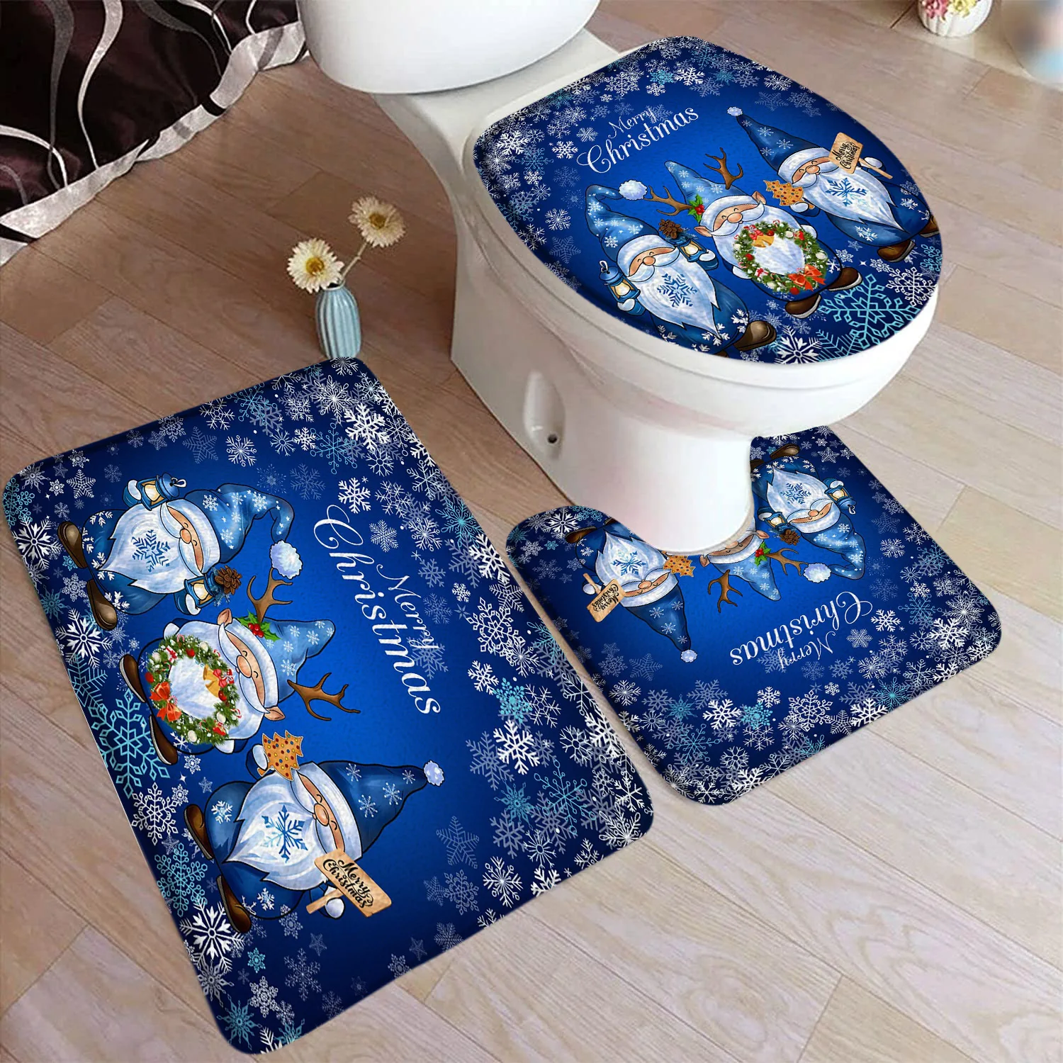 

Набор ковриков для ванной с рисунком Санта-Клауса, венок из снежинок, синий рождественский домашний ковер, нескользящее украшение для ванной комнаты, напольный коврик, чехол для унитаза