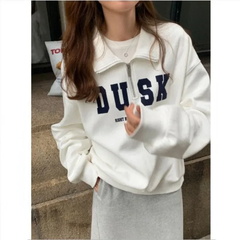 Gray Zipper Sweatshirts Women Vintage Korean Fashion Casual Cropped Pullovers Preppy Style White Oversized Hoodies Chic