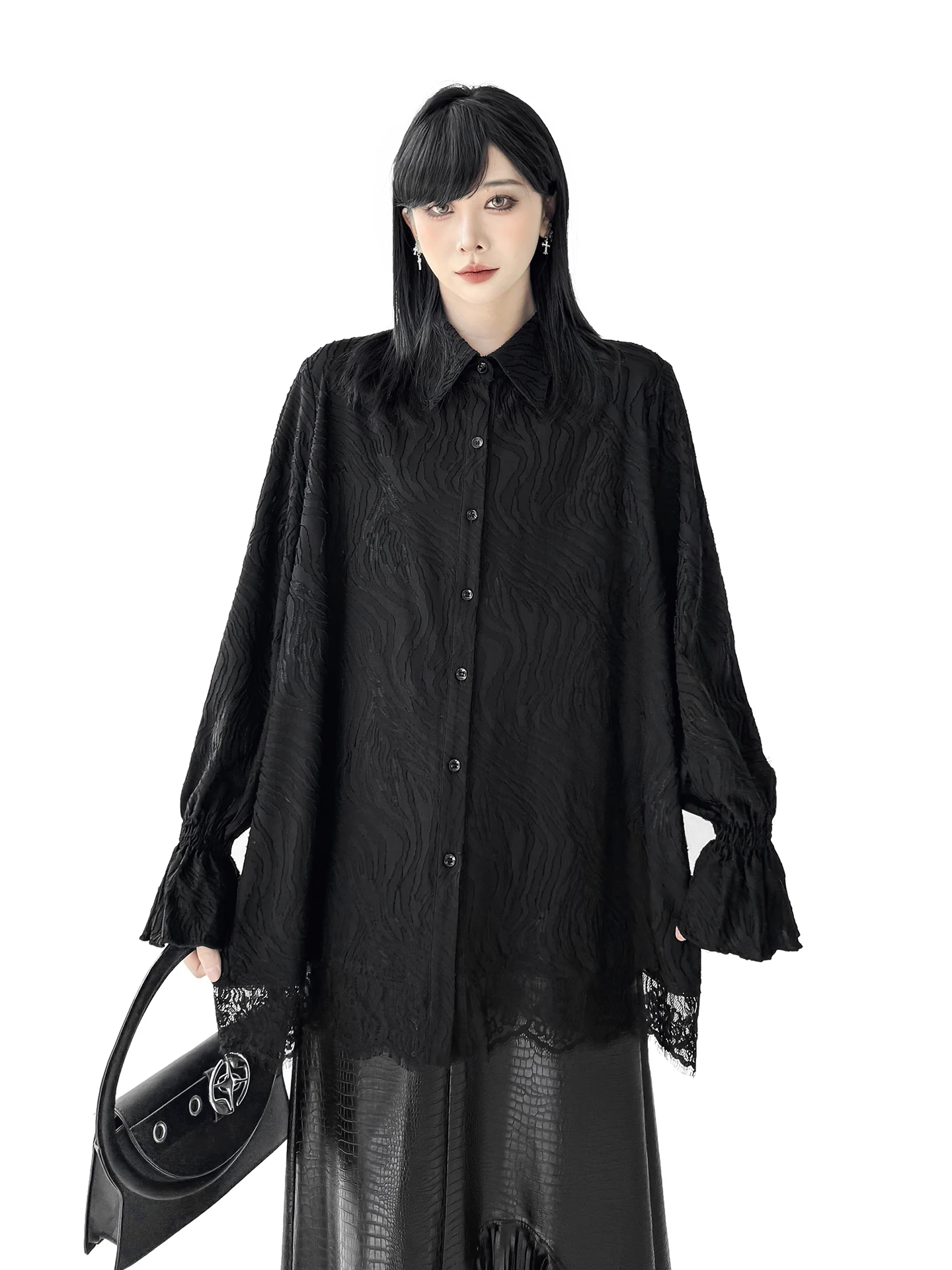 

Dark Style Lace Splice Loose Long Sleeve Black Shirt Women's Business Casual Fashion Spring New Arrival Elegant Minimalist De...