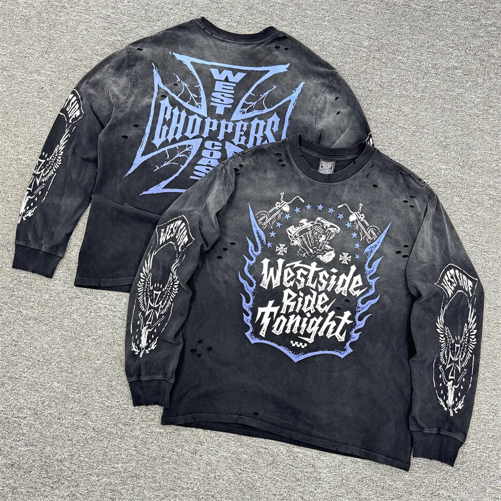 

Винтажная футболка с отверстием SAINT West Coast Choppers с длинными рукавами, потертая футболка для мужчин и женщин, футболки с фиолетовым пламенем и локомотивом