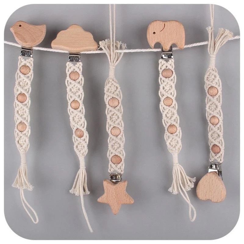 

J15U детская пустышка для прорезывания зубов из бука, зажим из хлопковой веревки, цепочка для соски, держатель для соски