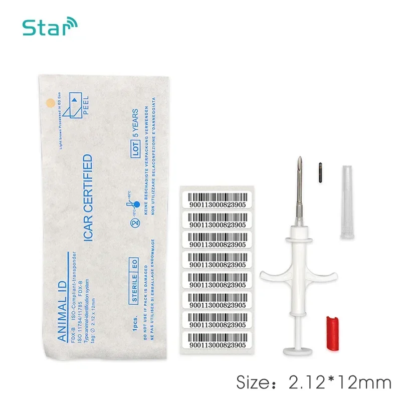 Microchip importato ICAR Numero 2.12x12MM EM4305 Tag in vetro 134.2KHz FDX-B Siringhe ID animale PET Iniettori di disinfezione del gas EO