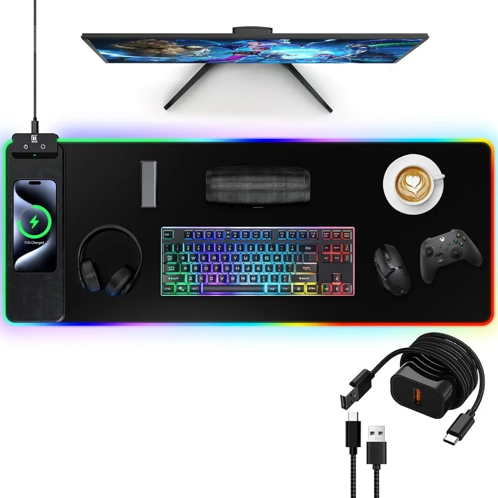 Gaming Mouse Pad: Wireless Charger, LED Desk Mat, Ultra-Smooth, Non-Slip, Waterproof