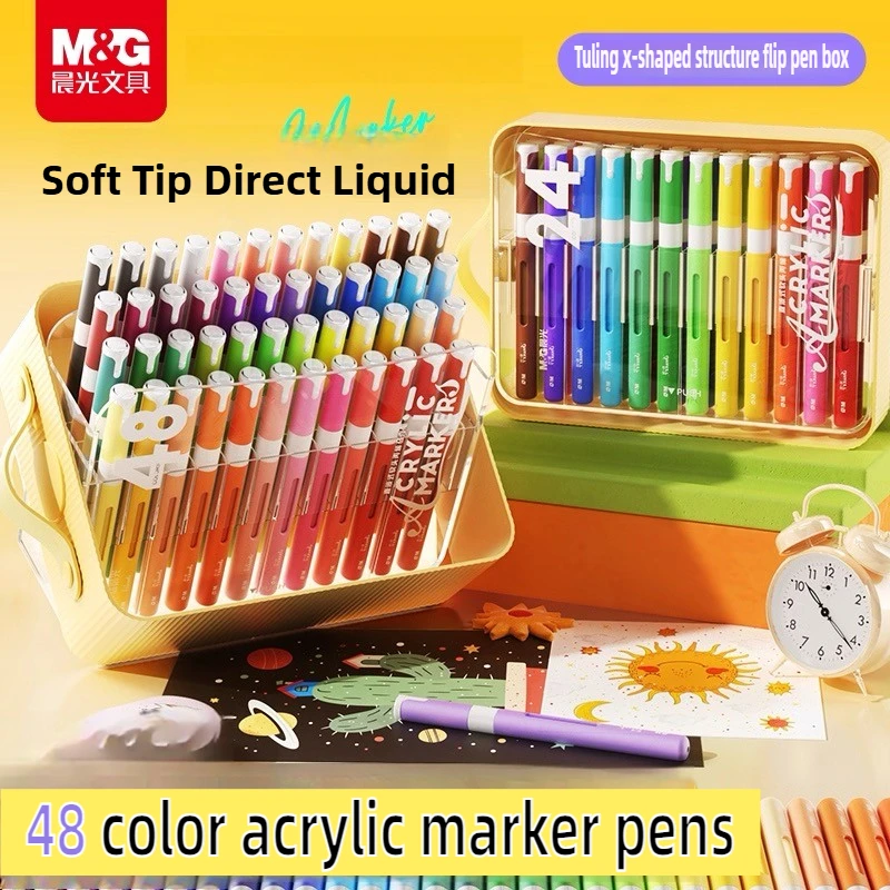 

M&G 12/48 Colors Direct Liquid Acrylic Soft Tip Markers Kids Washable Flip Pen Box Design Art Pens School Supplies Stationery