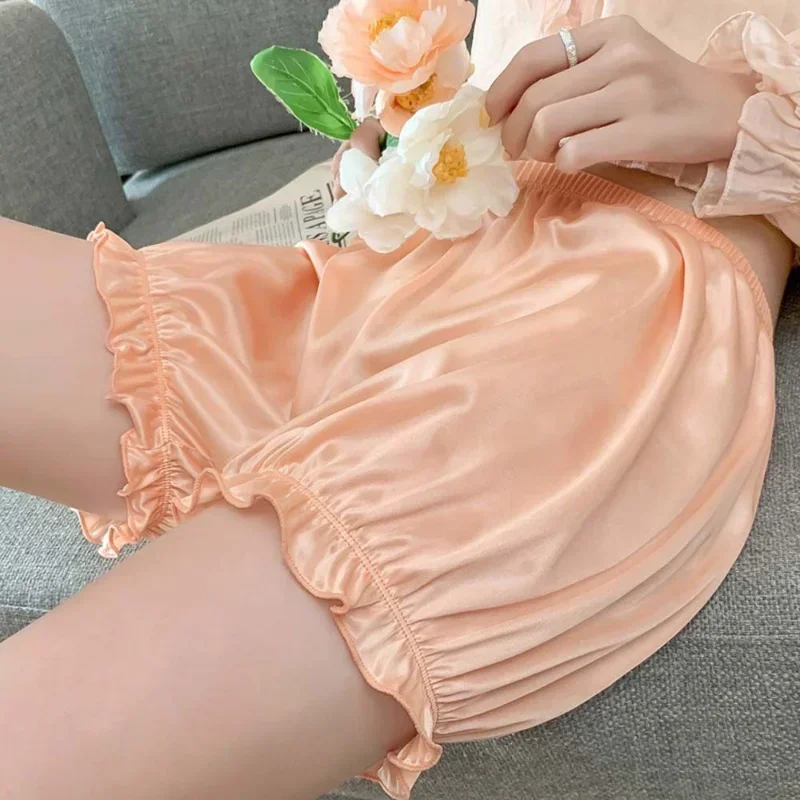 wowen Elegant Satin Pants Ice Silk Ruffled Pumpkin Design Spandex Material for Comfort Stretch Thin Leisure Home Sleeping Shorts