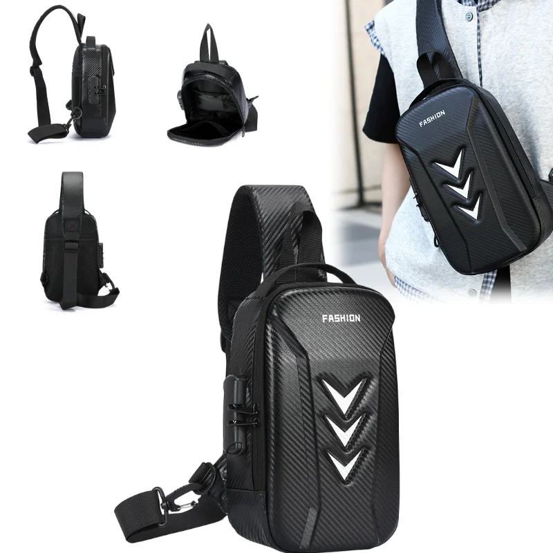 Men Sling Bag Anti Theft Password Lock Water Resistant Carbon Fiber Hard Shell Crossbody Chest Bag for Daily Travel Casual Use