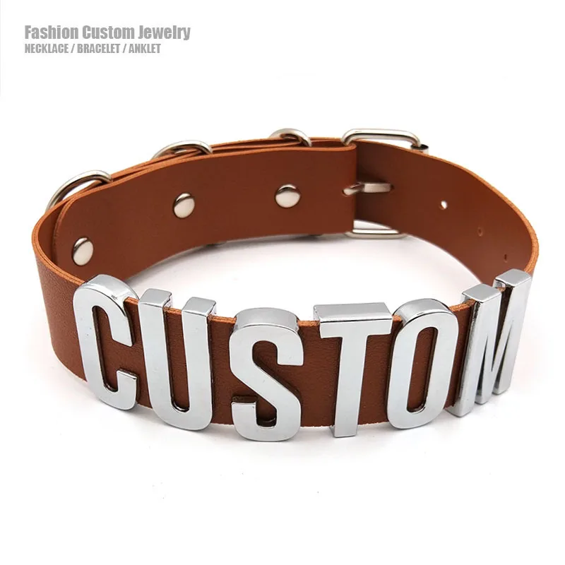 Punk Brown PU Personalized 35MM Letters Choker Necklace Sexy Custom Name Word Collars Cosplay Buckle Chocker Jewelry Bitchwear