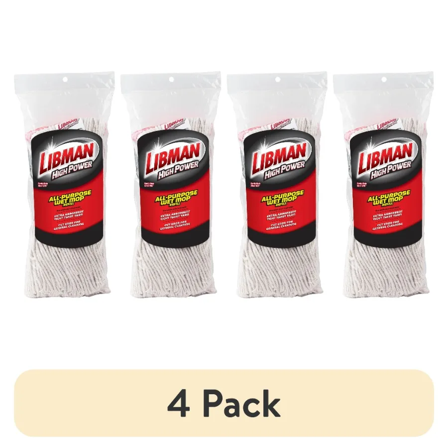 

4 pack Heavy Duty Cut-End Cotton and Polyester Wet Mop Refill with Clip Attachment