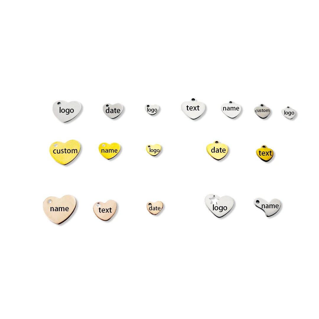 20/50pcs Custom Logo Tags Laser Engraved 7/10/14mm Heart Tags Stainless Steel Charm Necklace Tag Jewelry Making Accessories
