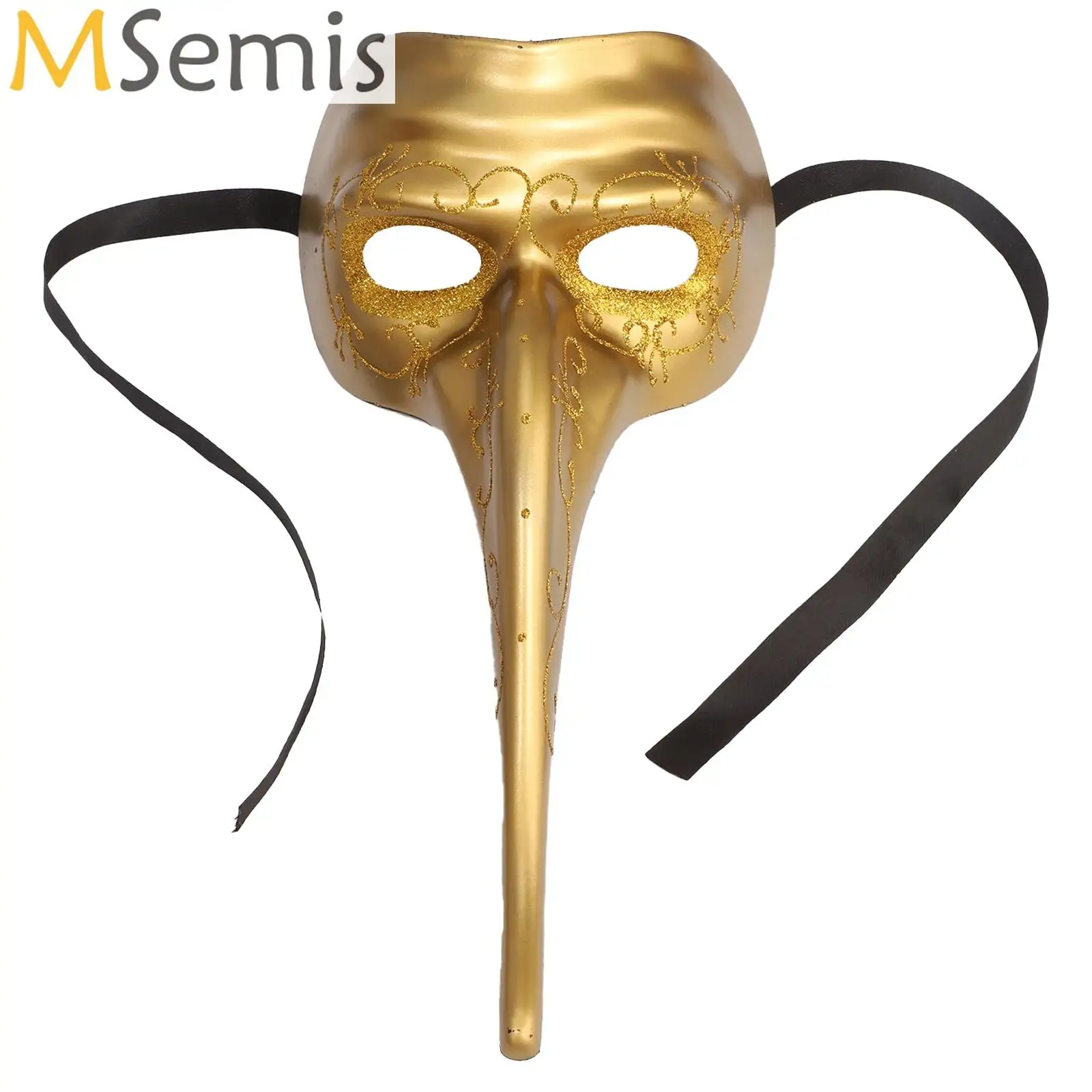 

1Pc Unisex Long Nose Empty Eyes Design Glitter Mask with Self-tied Ribbons for Photography Halloween Stage Show Role Play