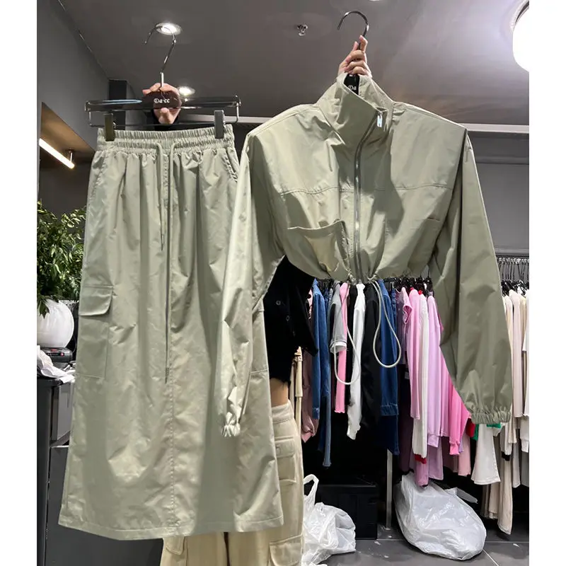 Fashion Tracksuit Two Piece Sets for Women Long Sleeve Jacket Tops High Waist Drawstring Long Skirt Suit Casual Y2k Outfits