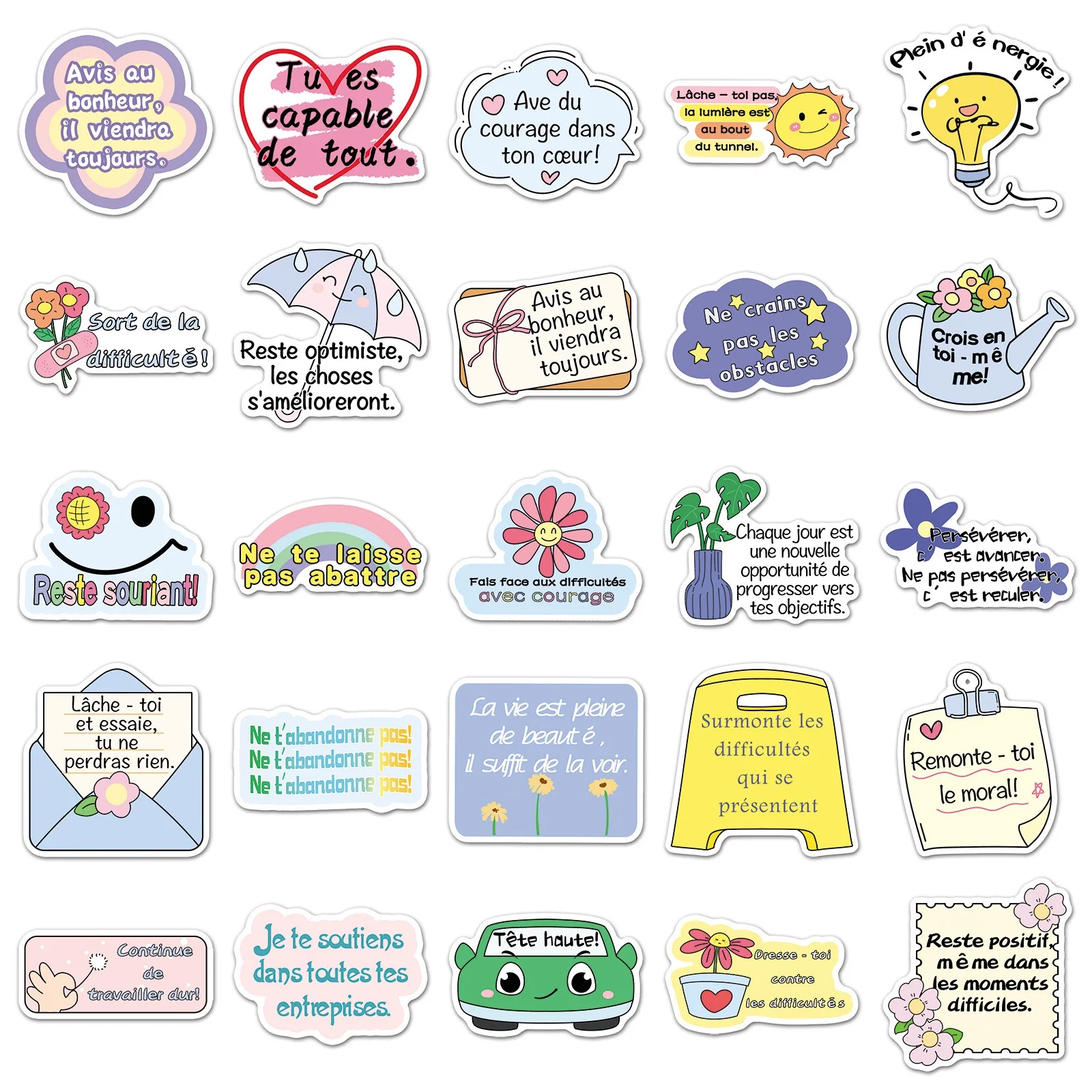 10/50 Uds. Pegatinas de grafiti con palabras de texto inspiradoras francesas, calcomanías creativas de frases positivas, cuaderno DIY, pegatina para nevera y portátil