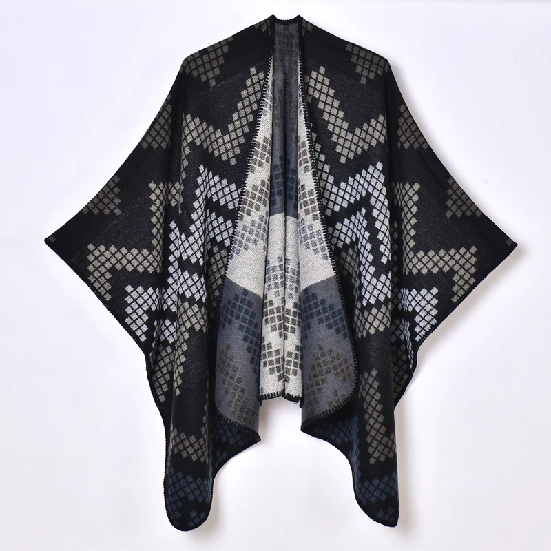 Cashmere Poncho Women Man Stripe Jacquard Scarf Winter Warm Shawl Cape Pashmina Female Warm Shawl Blanket Stole Cloak