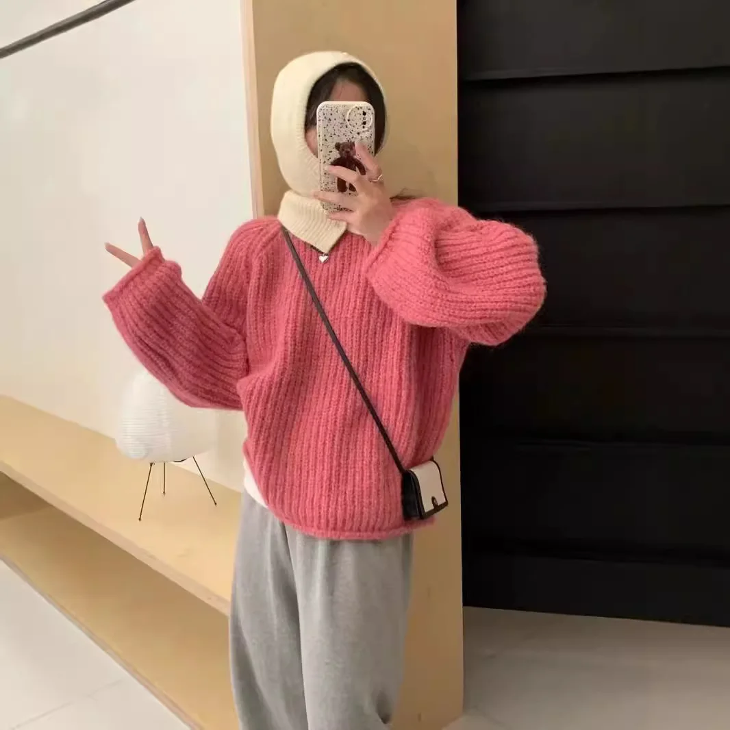 

2024 Casual Temperament Lazy Wind Soft Waxy Candy Color Crewneck Sweater Women's New Autumn and Winter Loose Thick Knit Pullover