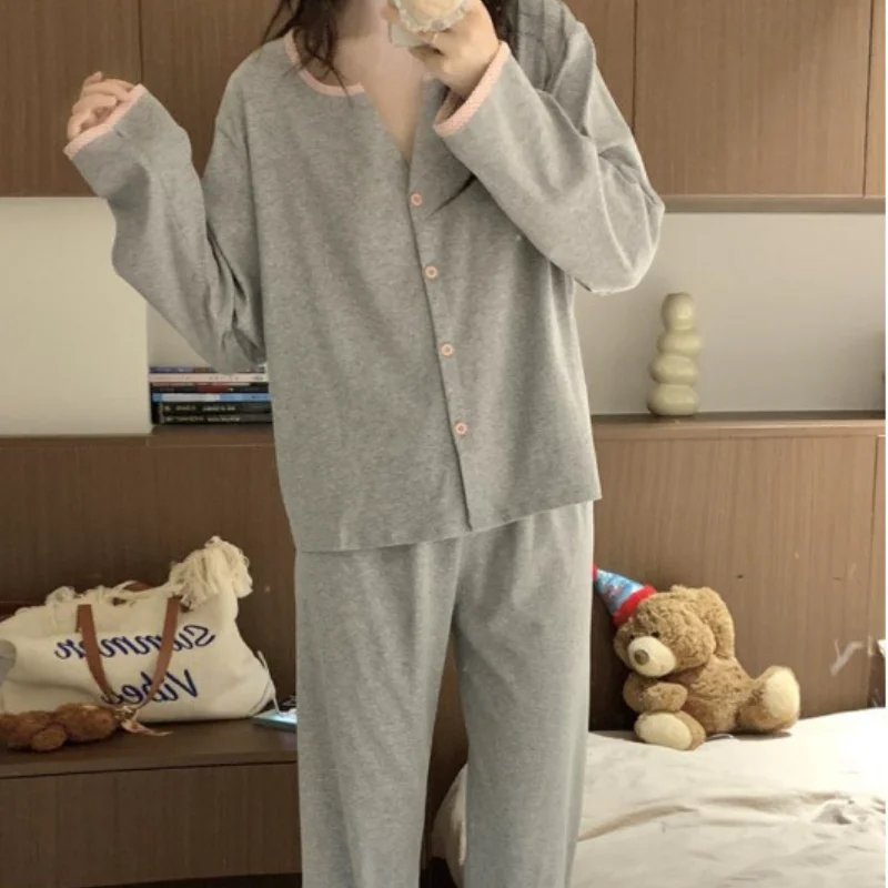 طقم أثاث منزلي للربيع والخريف للنساء بجودة عالية، لون خالص، فضفاض، كم طويل، طقم سراويل طويلة طراز جديد