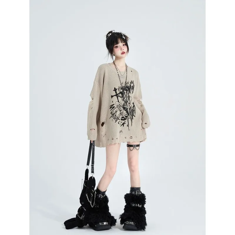 Deeptown Y2k Vintage Hole Women Kint Sweaters Harajuku Print Pullovers Grunge Japanese Fashion Oversized  Autumn Gothic Knitwear