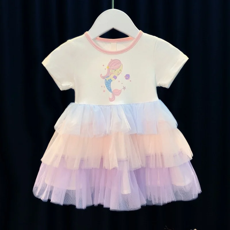 Girls' summer dress2026New children's rainbow patchwork baby dress, mesh princess dress, cotton gown