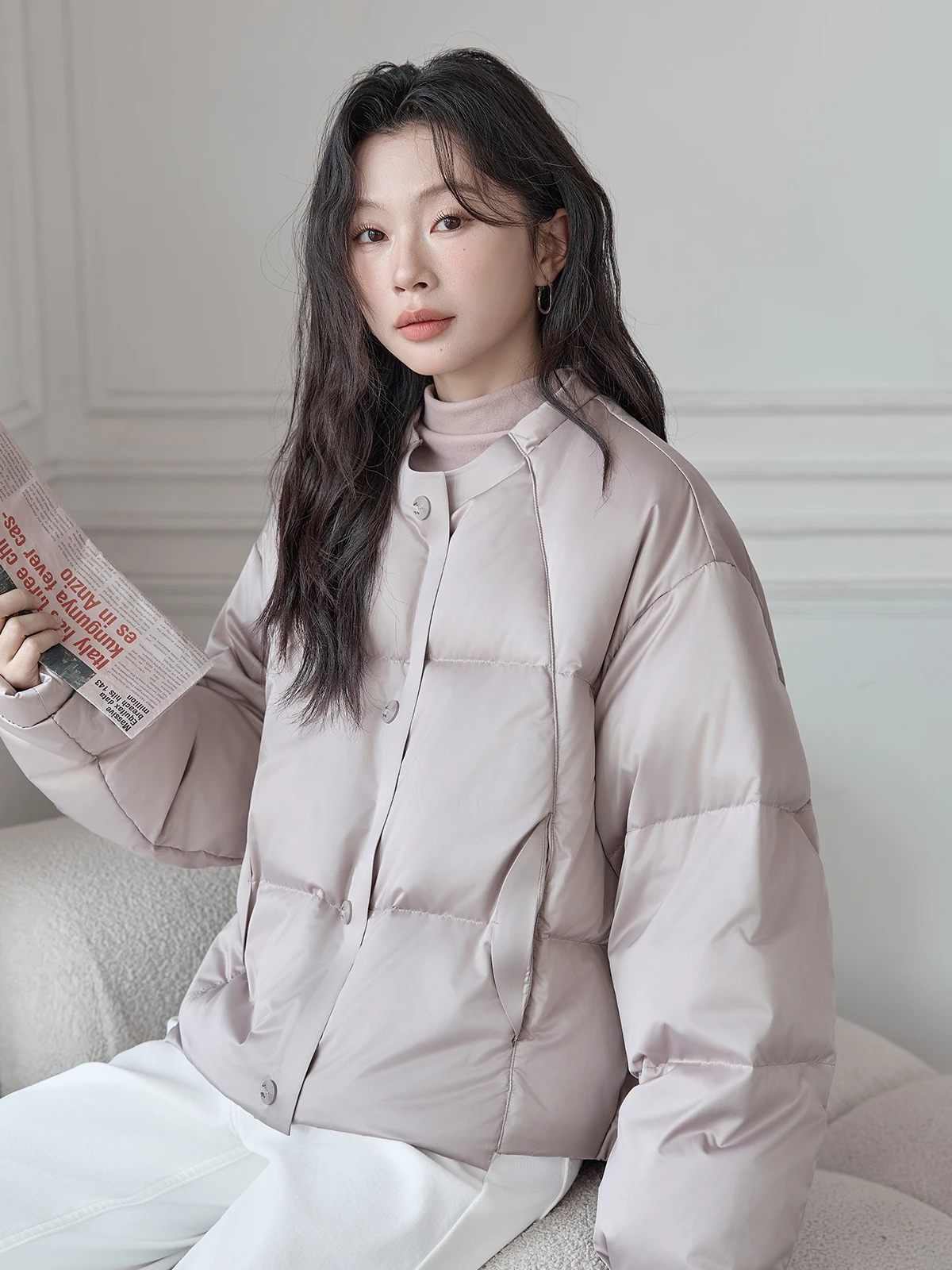 

HuiXi Silk Face 90 White Du down Jaet Women's Winter New Sle High Sensation Warm Outerwear Long Sve round Ne Coat