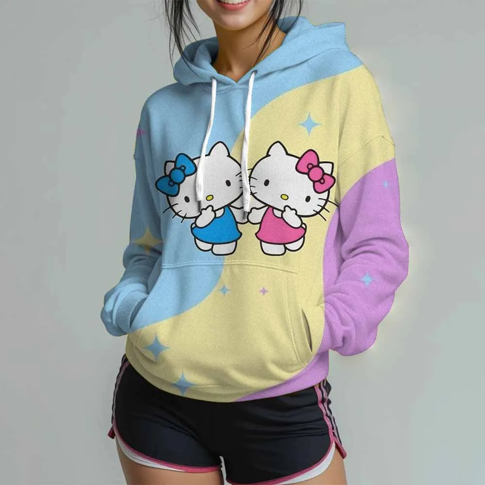 ファッショナブルなハローキティ婦人服プリントスウェットシャツ女性のカジュアルラウンドネックポロシャツグラフィックデザインパーカー