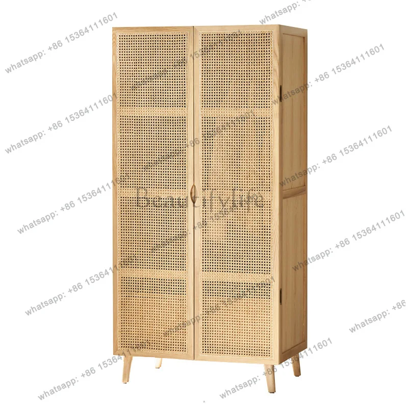 Modern simple solid wood rattan wardrobe Japanese double door hanging wardrobe
