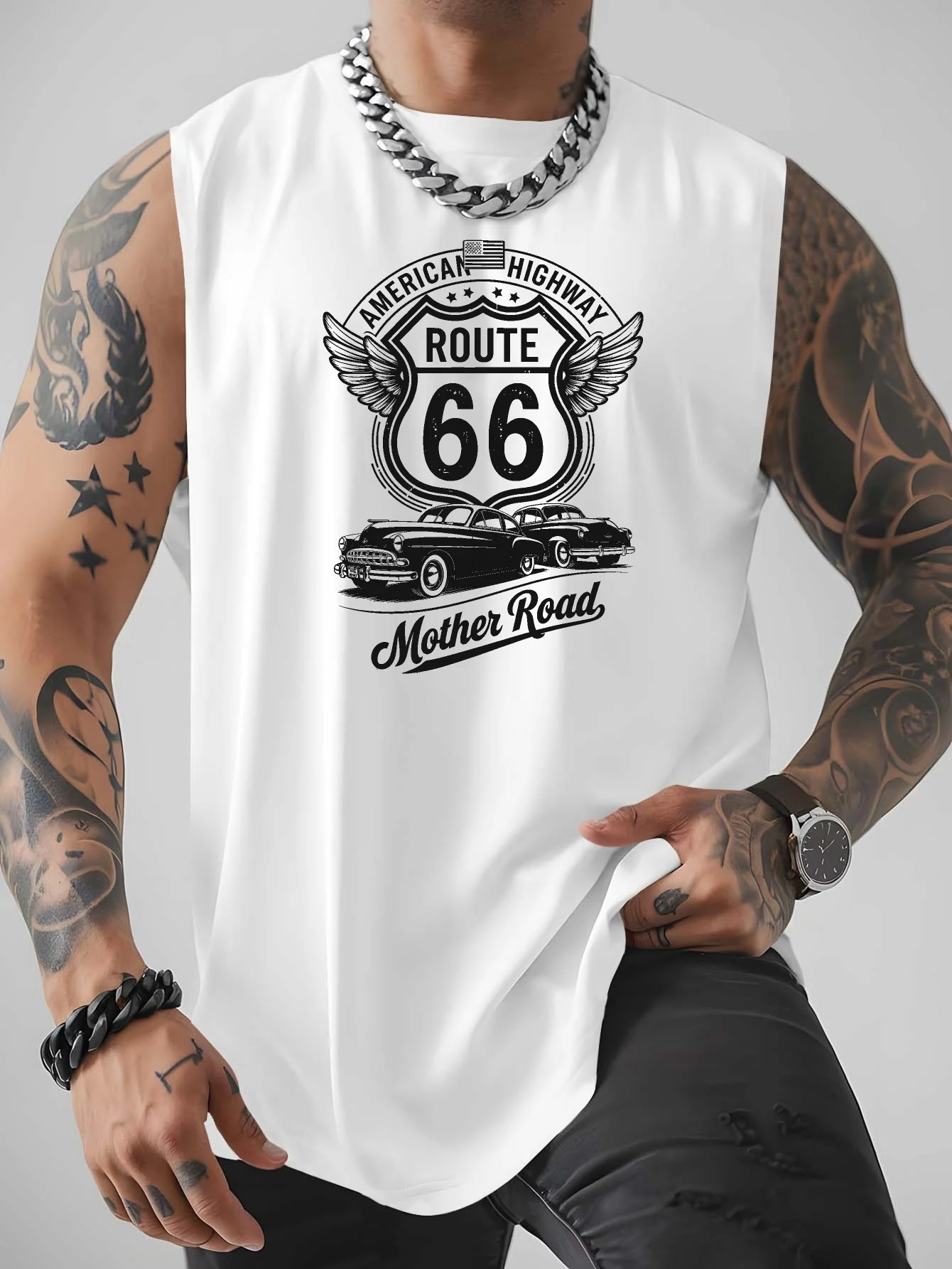 Summer 100% Pure Cotton Men's Fashionable Casual Loose Mother's Road 66 Pattern Printed Fitness Sports Sleeveless Vest