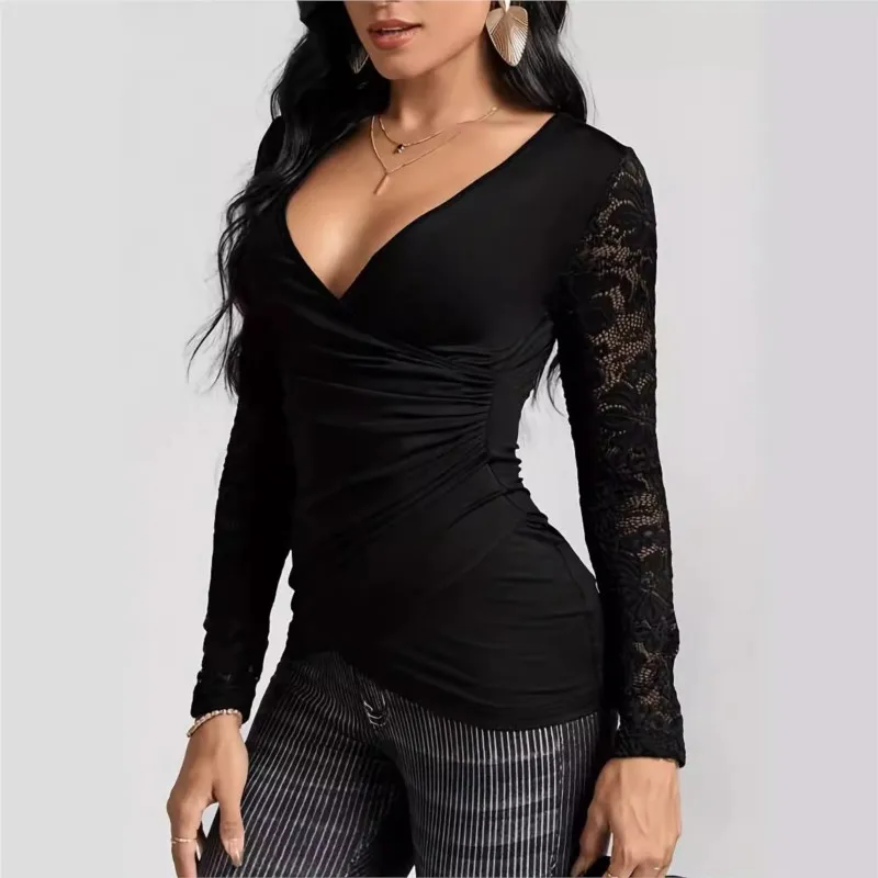 

Elegant Lace V-Neck Polyester T-Shirt 2024 New Style Loose Fit Long Sleeve Solid Color Slimming Top For European And American Co
