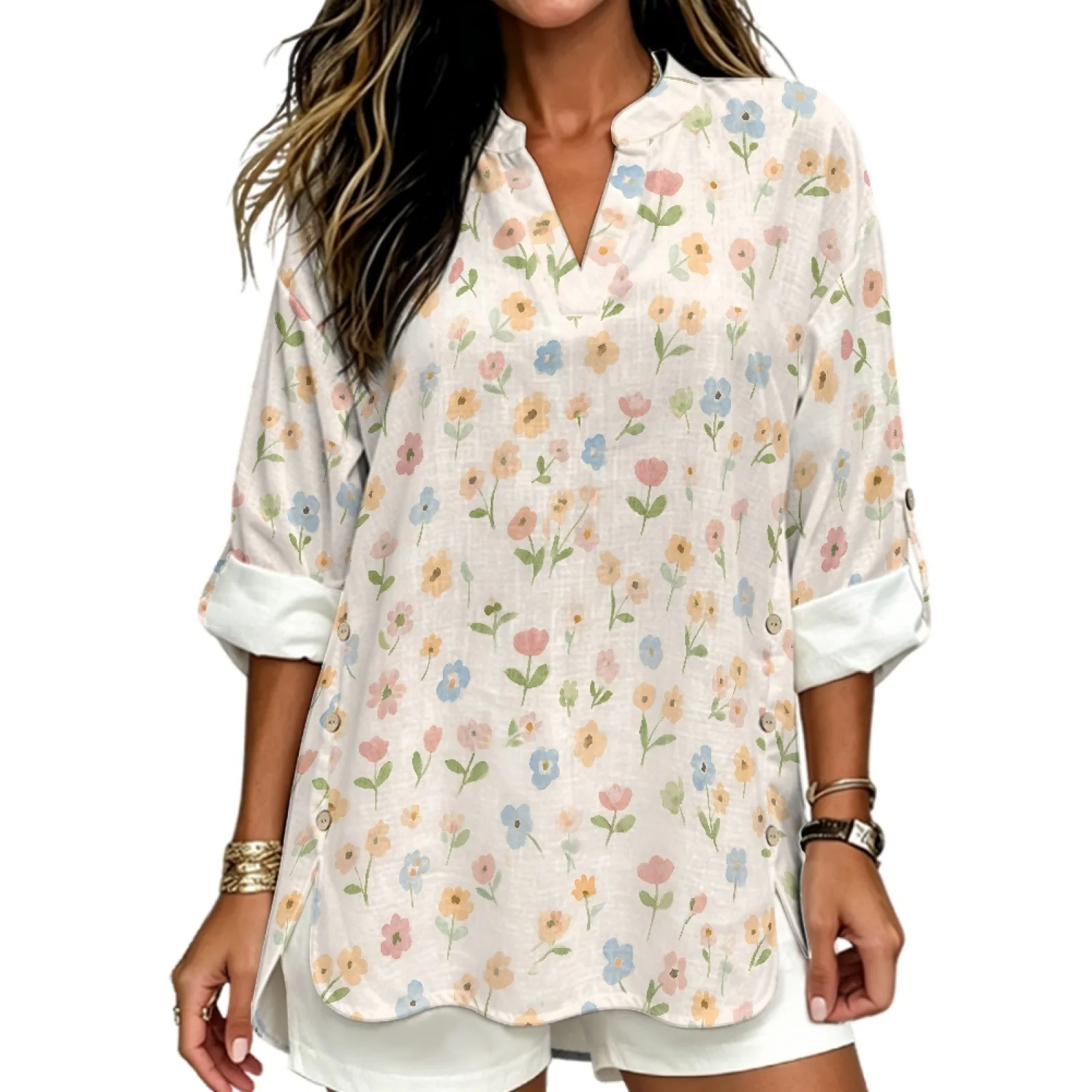 PENSTROLL Roll-Up Linen Style V Neck Long Sleeve Tops Rolled Cuffed Women's Blouse for Resort Gatherings Watercolor Floral